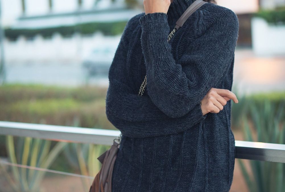Last winter outfit of the season: Men’s sweater and flowy dress