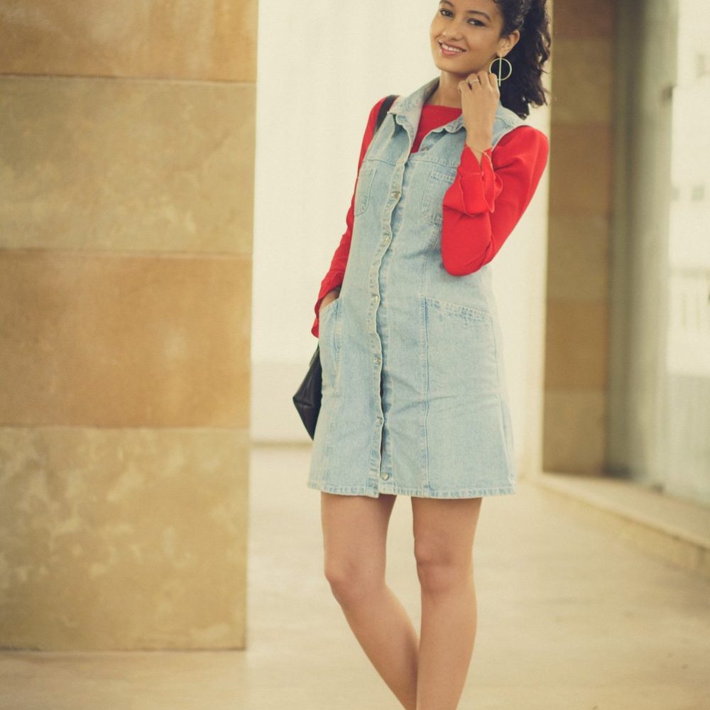 denim dress and red ruffles