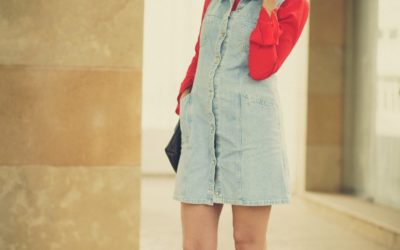 Spring layers: denim dress and red ruffle sleeves